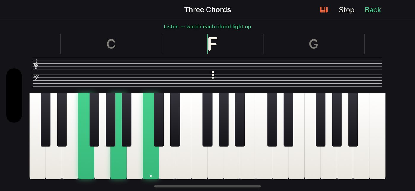 Play by Chords showing a chord chart above the staff with keys lit