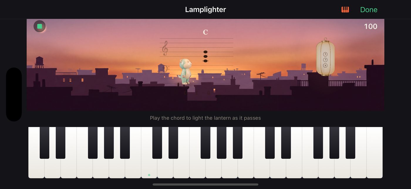 Lamplighter: a chord named above the staff and a lantern drifting over rooftops at dusk