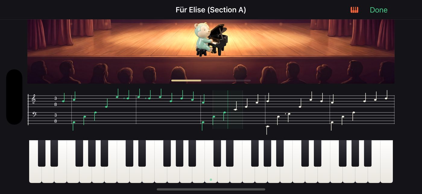 Recital Night: a performance on stage with the notes played so far in green
